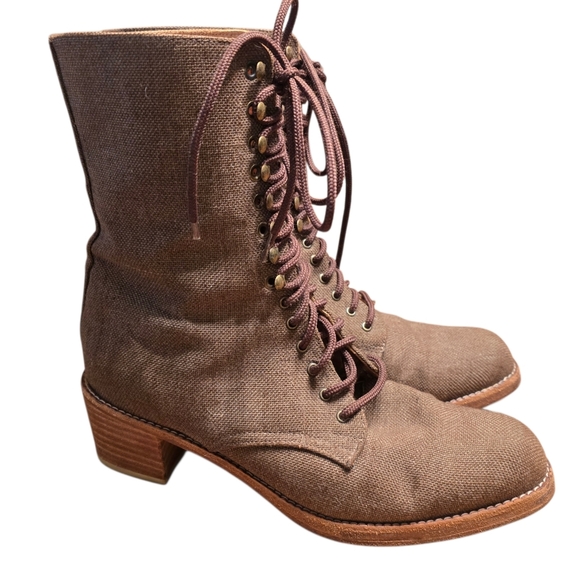 VTG Colin Stuart Brown Canvas Lace Up Boots Leather Sole Chile Sz 8 - Picture 5 of 16